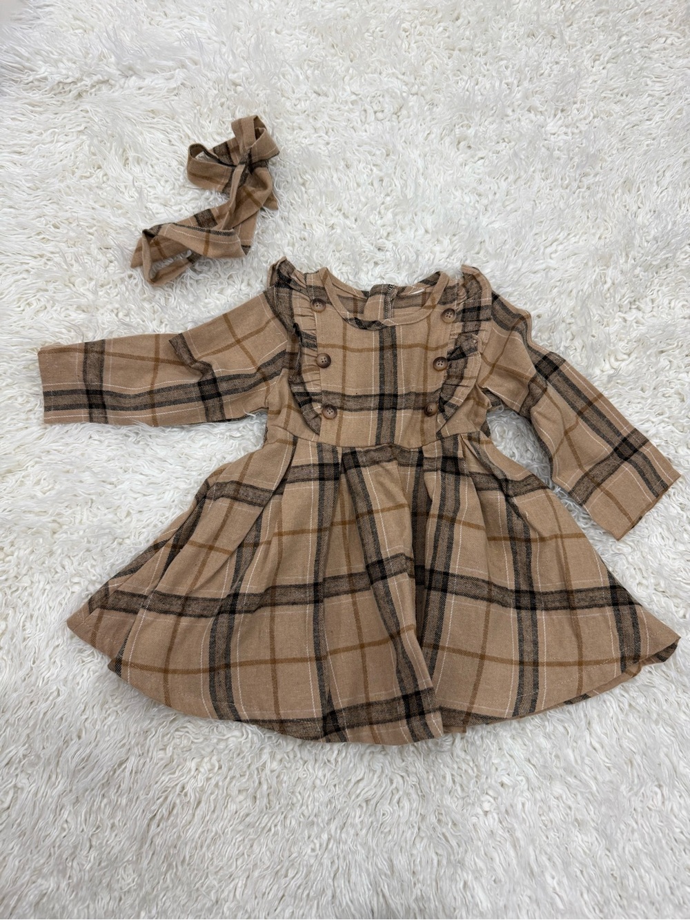 Plaid Ruffle Front Brown girls Dress